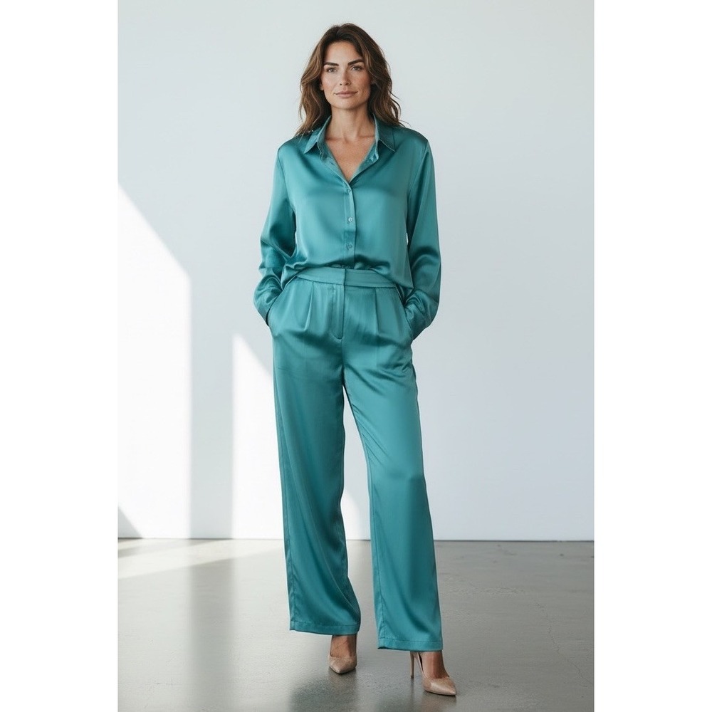NWT TAHARI ASL Women's Satin Blouse‎ XL & Wide Leg Pants Sz 10 2pc Set Turquoise